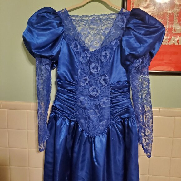 Vintage Royal Blue 80s Long Sleeve Lace A Line Prom Party Dress Women's Size 12 - Picture 13 of 15